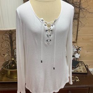 Tribal White Lace-Up Long Sleeve Top